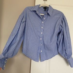 Aqua blue and white stripe puff sleeve button down